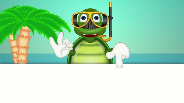Funny turtle with diving mask under water comic cartoon