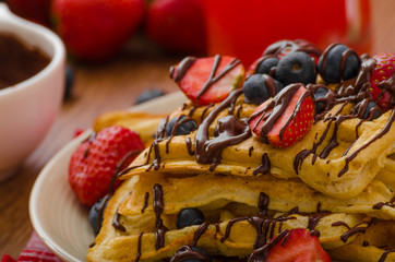Belgian waffles with blueberries, strawberries