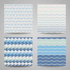 Cotton fabric Set of sea wave. Seamless patterns in white and blue colors.