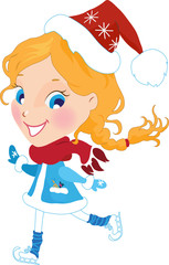 Little girl on the skates in christmas hat