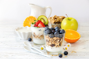 Healthy breakfast with muesli in glass, fresh berries and yogurt