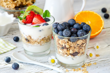 Healthy breakfast with muesli in glass, fresh berries and yogurt - 82249576