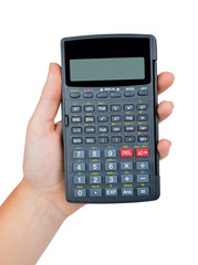 Hand with calculator isolated on white background