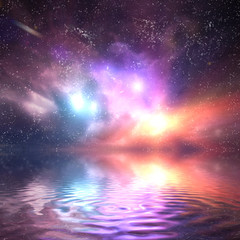 Ocean under galaxy sky. Stars, fantasy, water reflection