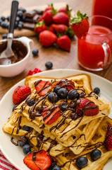 Belgian waffles with blueberries, strawberries
