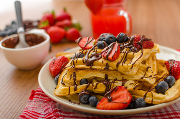 Belgian waffles with blueberries, strawberries