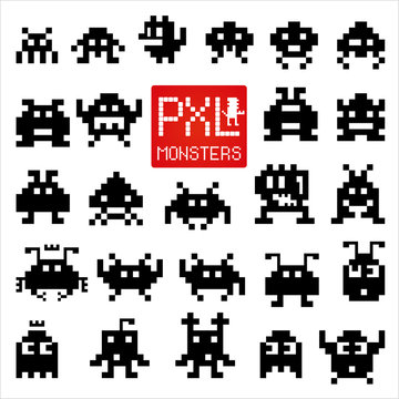 Set of cheerful pixel monsters