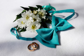 wedding rings and a blue tie butterfly on a background of white