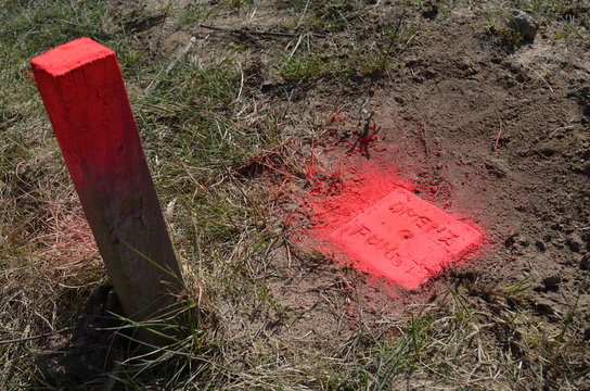 Landvermessung / Grenzpunkt mit Neonfarbe markiert