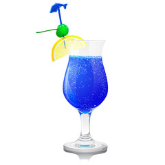 transparent blue with a green cocktail cherry