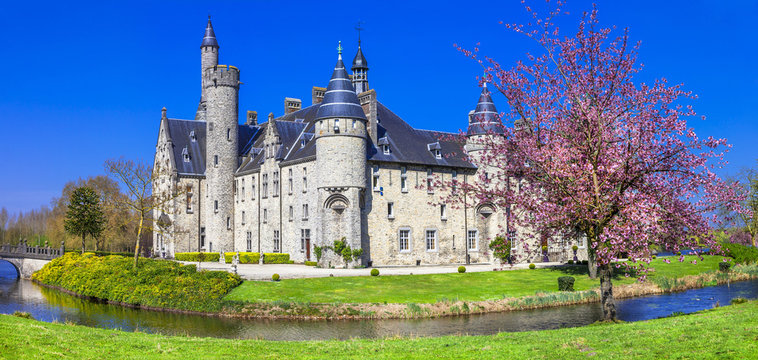 Ultra high resolution panorama of Marnix Castle in Bornem, Belgium. Fairytale Gothic fortress by the river with pink blooming tree and spring flowers. Scenic Belgian heritage near Antwerp