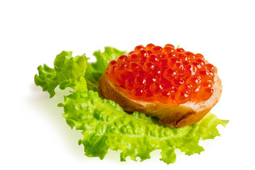 sandwich with red caviar isolated on white background