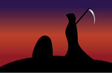 Death with grave silhouette sunset