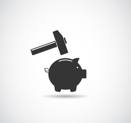 piggy bank broken with hammer icon