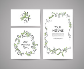 Invitation cards with cartoon peas and calligraphic elements.