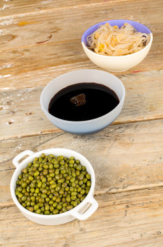 Soy beans, sprouts and sauce