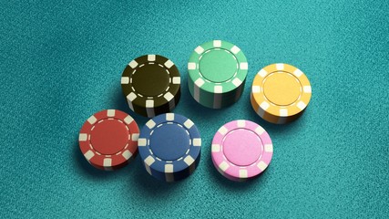 casino chips of 6 color blue table