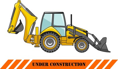 Backhoe loader. Heavy construction machines. Vector illustration
