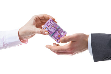 Businessman in a suit takes a bribe