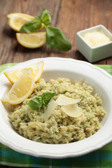 Risotto with Parmesan on a rustic table