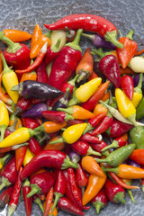mixed hot peppers in wok pan