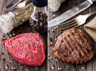 Raw and grilled beefsteak on a wooden board