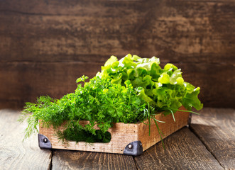 green herbs in wooden box