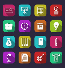 Business and financial items, colorful flat icons with long shad