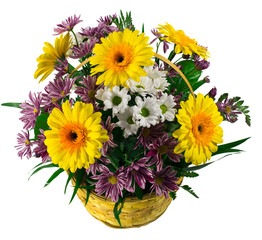 Basket of chrysanthemums and gerbera flowers