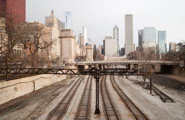 Fototapeta na wymiar Rairoad Train Tracks Railyards Downtown Chicago Skyline Transpor