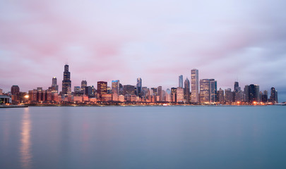 Fototapeta na wymiar Sunrise Color Sky Lake Michigan Chicago Illinois City Skyline