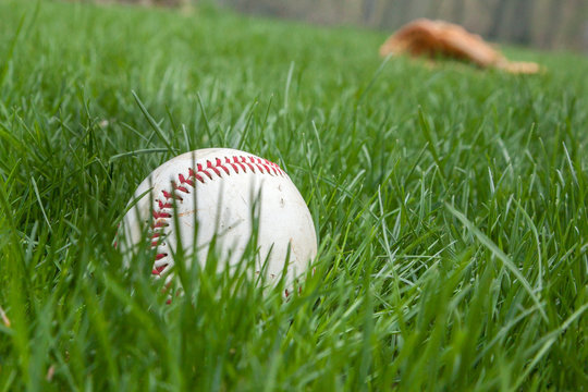 Baseball in Grass with Glove behind