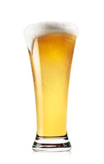 Tall glass of light beer with foam
