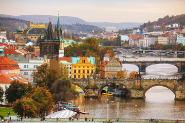 Fototapeta na wymiar Overview of old Prague with Charles bridge