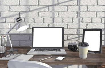 Fototapeta na wymiar 3D illustration laptopand work stuff on table near brick wall