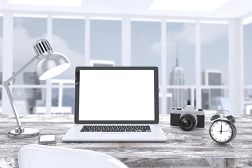 3D illustration laptop on table in office, Workspace