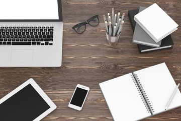 laptop and office stuff, workplace, top view