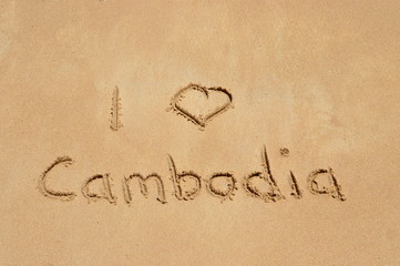 Text 'I love Cambodia' in the sand