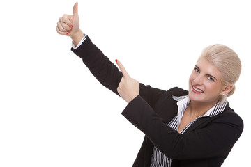 Businesswoman Pointing Up While Looking at Camera