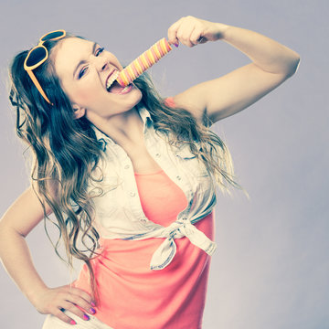 Summer Woman Eating Popsicle Ice Pop Cream