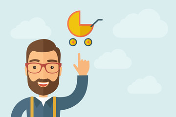 Man pointing the baby stroller icon