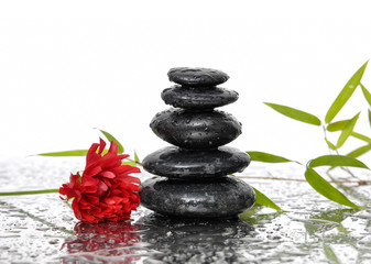Spa Background with Bamboo and stones with red flower on wet