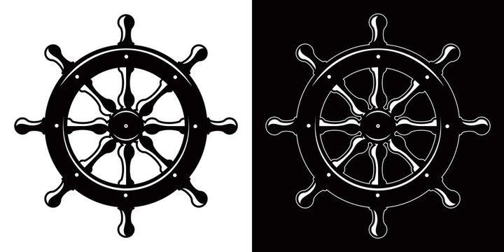 ship steering wheel isolated on white and black background
