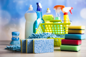 Assorted cleaning products, home work colorful theme