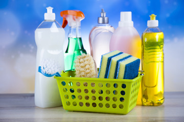 Assorted cleaning products, home work colorful theme