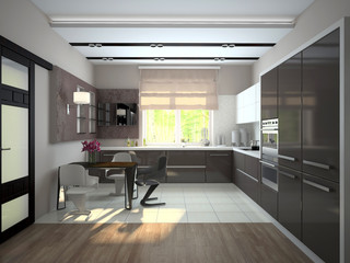 Fototapeta na wymiar Interior of modern kitchen 3D rendering