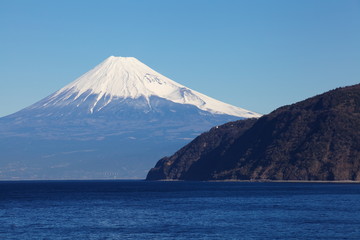 Mountain Fuji and sea from Izu city Shizuoka .