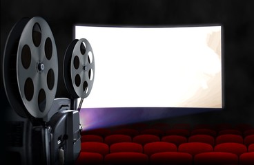 Blank cinema screen with empty seats and projector - obrazy, fototapety, plakaty