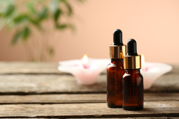 Beautiful spa composition on wooden table, on brown background