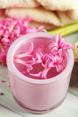 Beautiful spa composition with hyacinth flowers, close up